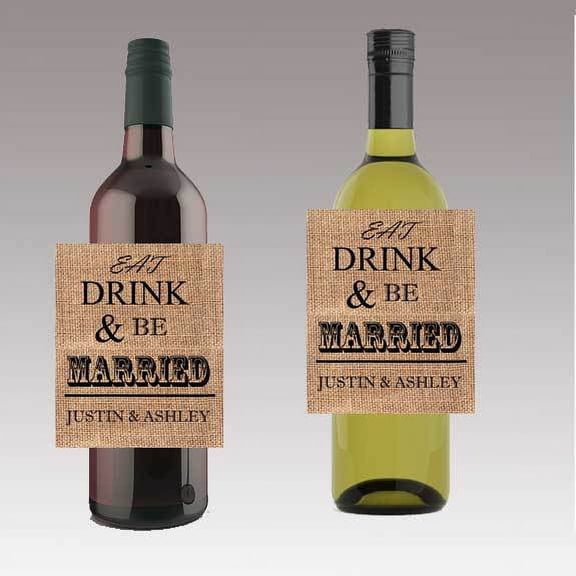 12 Burlap Eat Drink Be Married Wedding Wine / Beer Bottle Labels Great for Engagement Bridal Shower Party