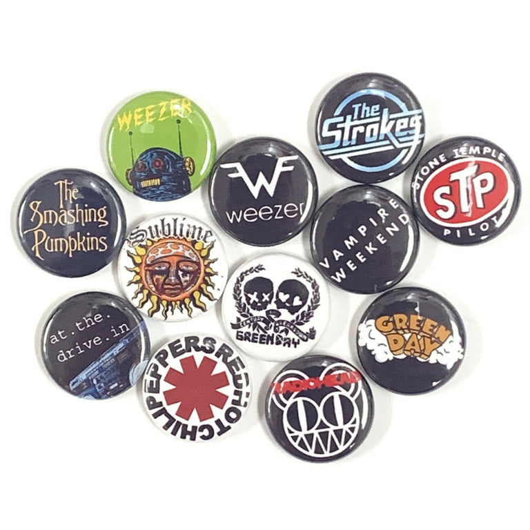12 Button Set - 90's Rock Bands- 1 inch pin Back - (Smashing Pumpkins,  Weezer, Sublime at The Drive in)