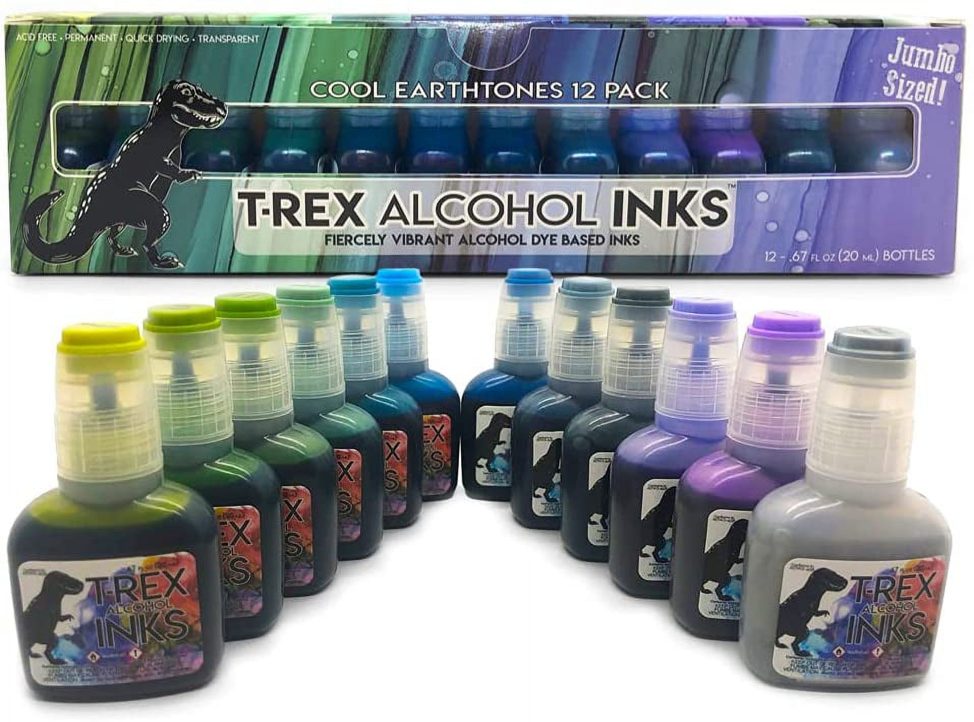 12 COOL EARTHtones Alcohol Ink Set, by T-Rex Inks only. Gorgeous colors - Alcohol Ink for Epoxy Resin Dye, Painting, Tumbler Making & More - Includes Storage Box & Metallic Silver Ink - 20ml Bottles