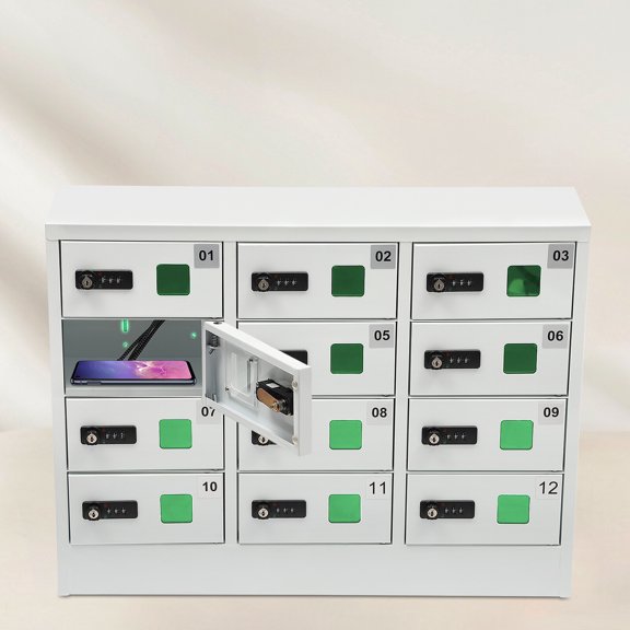 12 Cabinets Rectangular Cellphone Locker Cellphone Charging Station Combination Lock Mini Storage with Three-in-one Charging Ports