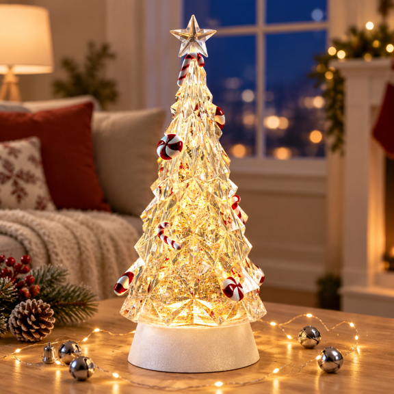 12" Candy Cane Christmas Tree Snow Globe Lantern with LED Swirling Glitter