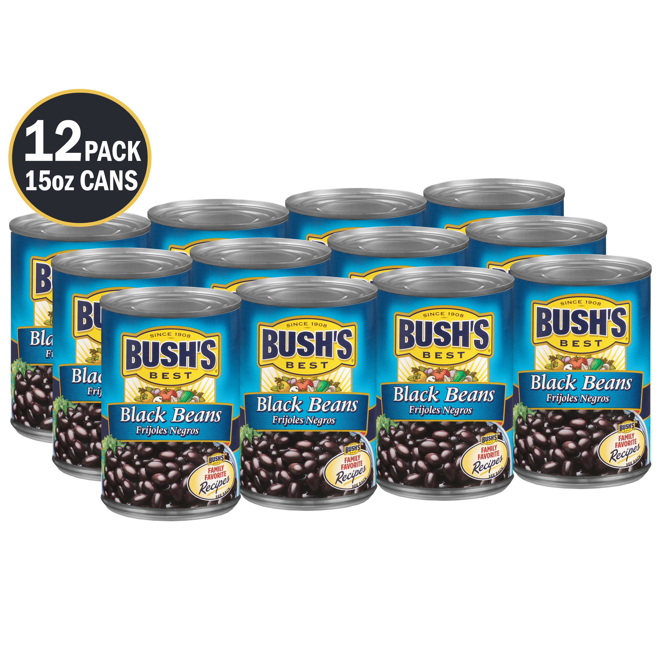(12 Cans) Bush's Black Beans, Canned Beans, 15 oz