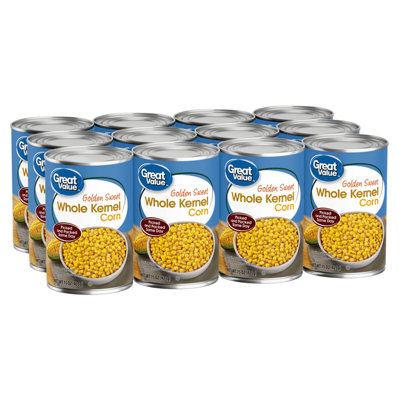 (12 Cans) Great Value Whole Kernel Corn, Canned Vegetables, 15 oz