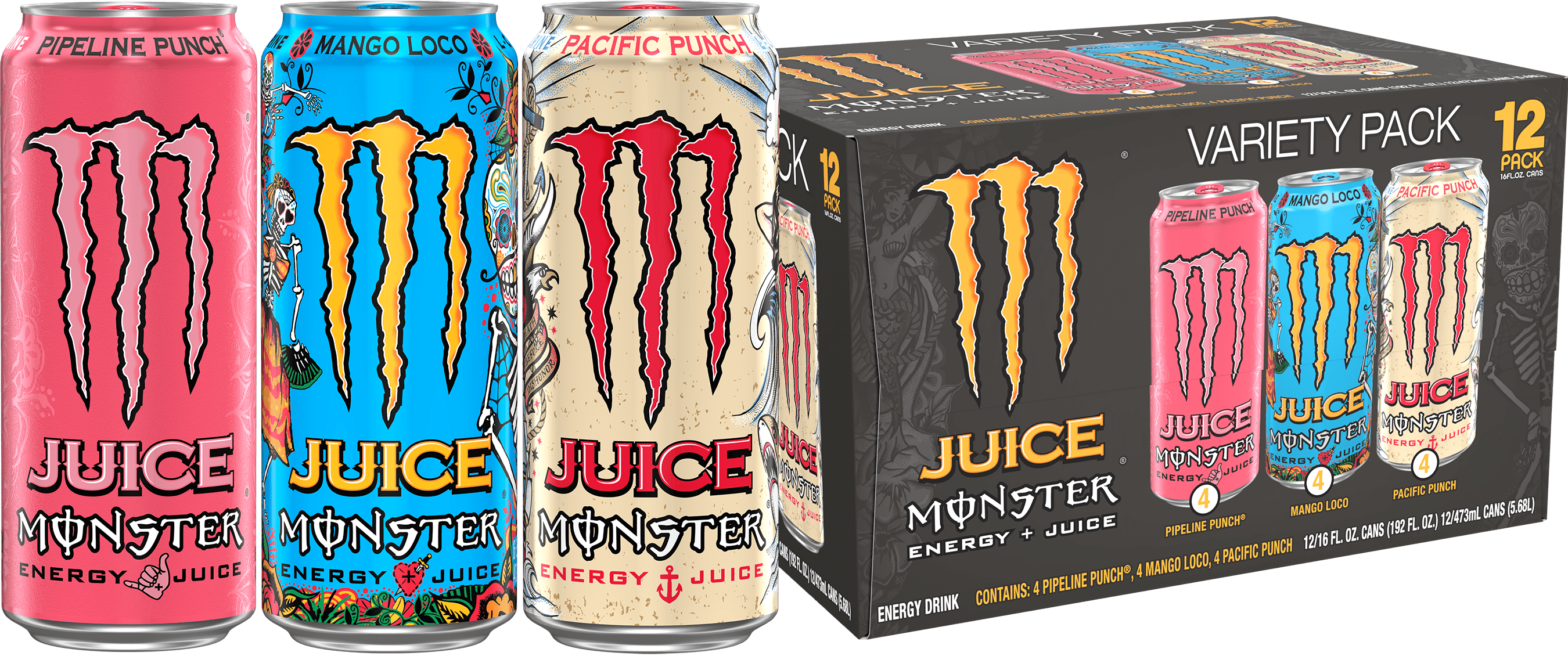 (12 Cans) Juice Monster VP, Mango Loco, Pipeline Punch, Pacific Punch, 16 fl oz, 12 Pack