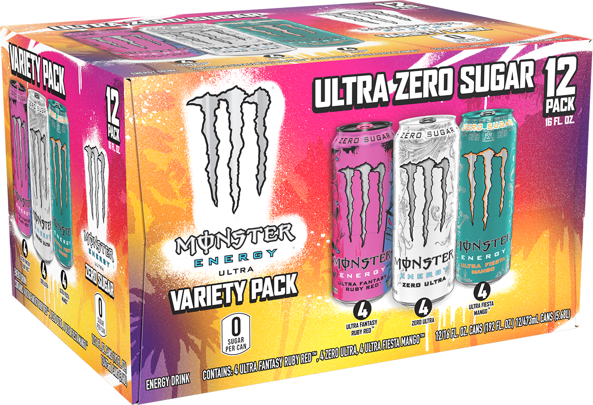 ( 12 Cans) Monster Energy, Ultra VP, Ultra Ruby Red, Zero Ultra, Ultra Fiesta, 16 fl oz, 12 Pack