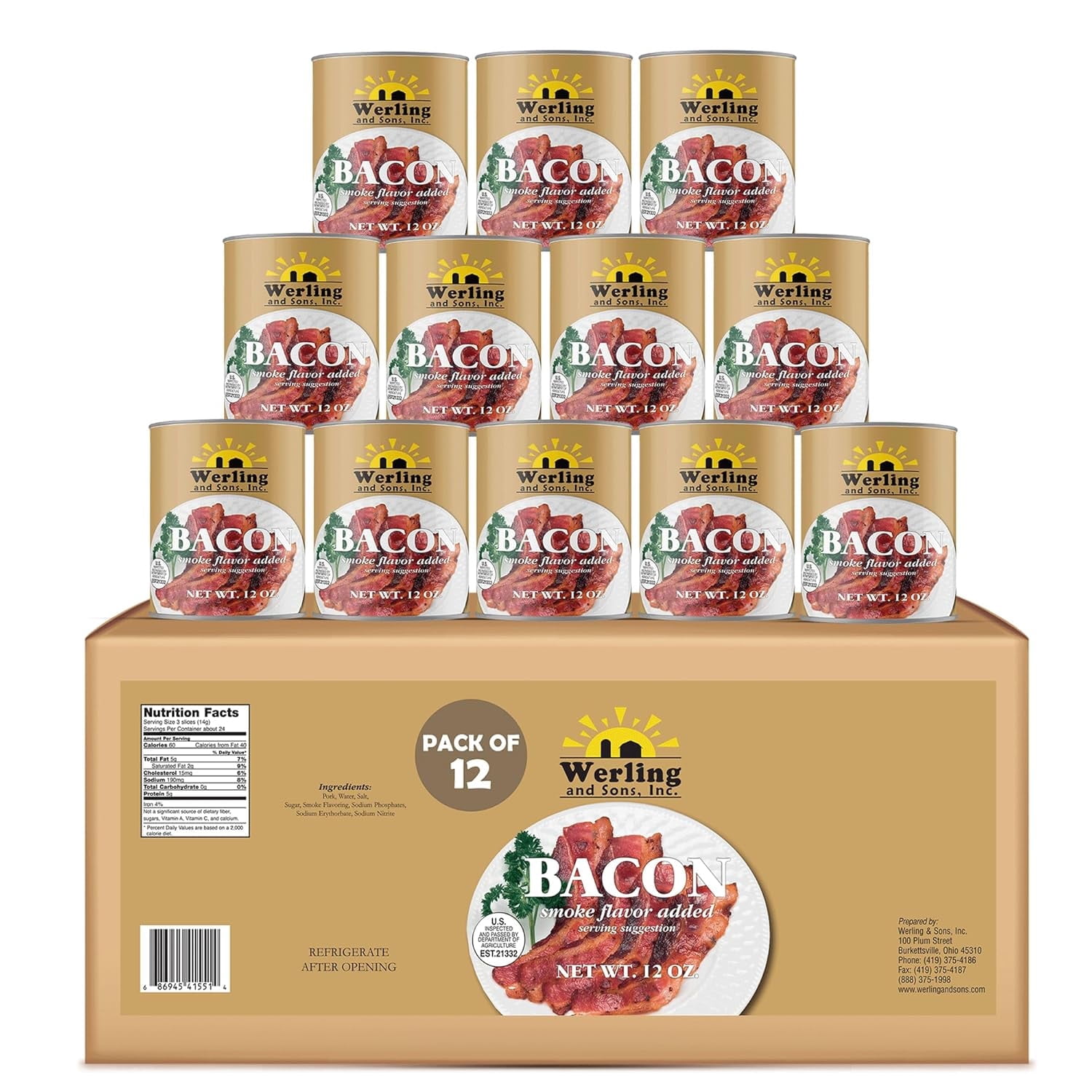 (12 Cans Pack) Werling Canned Bacon 12 Oz Smoke Flavor Added Fully Cooked Ready to Eat Bacon Shelf-Stable Canned Meat Long Term Storage Camping Survival and Emergency Preparedness Canned Food