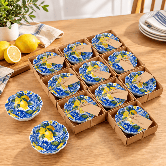 12 Capri Lemon Party Favors For Guests Small Ceramic Bowl Bulk Gifts Set 3.3 Inch Fldesign Mini Dipping Sauce Dish With Card Box B