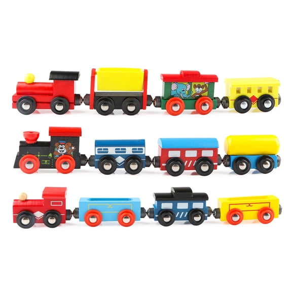 12-Car Wooden Train Set with Magnetic Tram, Includes 3 Locomotives and Storage Bag - Wooden Train Set, Compatible with Mainstream Train Track Brands - Suitable for Train Tables