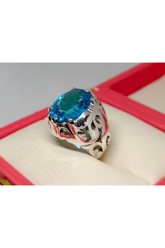 12 Carat Blue Topaz Sterling Silver 925 Handmade Beautiful Design High Quality Topaz Ring, Men Topaz Ring, Birthday Gift