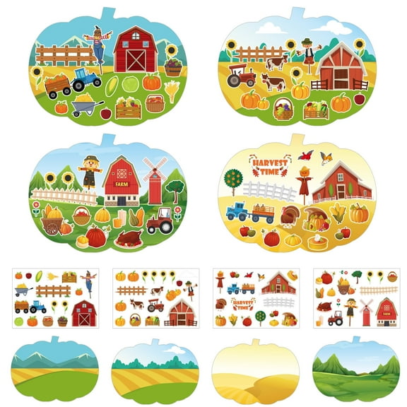Autumn Harvest DIY Stickers Kit, 12 Pumpkin Backgrounds + 12 Sheets Farm Scene Stickers, Thanksgiving Party Decorations for Kids & Adults Crafts