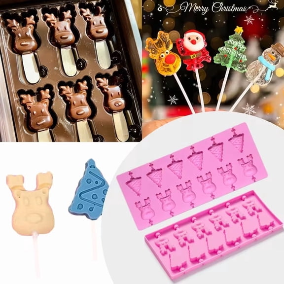 12-Cavity Christmas Tree and Reindeer Silicone Lollipop Mold - Fun Holiday Candy Maker for Festive Celebrations