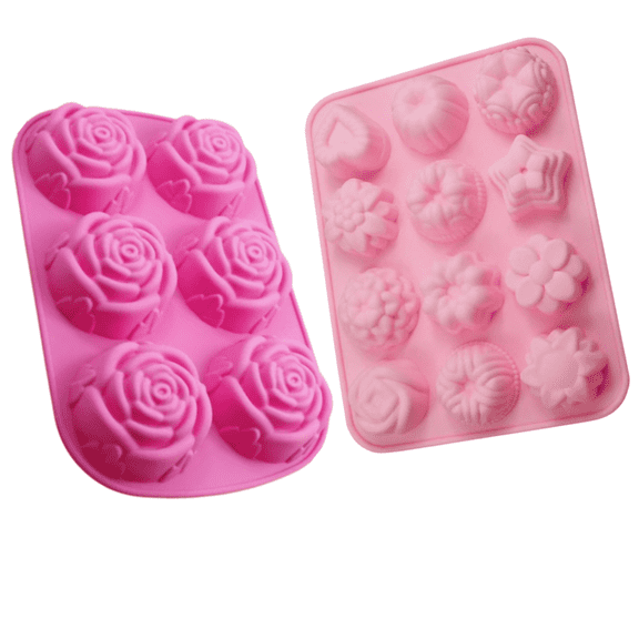 12 Cavity Non-Stick Food Grade Baking Molds and 6 Rose Flower Silicone Mold,Cavity Non-Stick Food Grade Baking Molds, Ice Cube Trays for Wedding, Festival, Parties.2pack