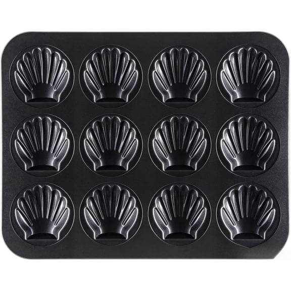 12-Cavity Non-Stick Madeleine Pan, Shell Shaped Carbon Steel Tray, Oven-Safe Mold for Small Cakes, Cookies and Pastries