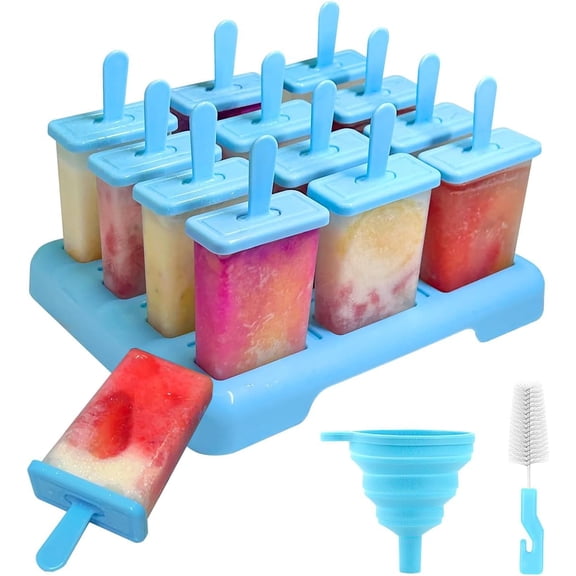 12 Cavity Popsicle Mold Kit with Stand, BPA-Free Plastic Ice Pop Maker with Lids, Collapsible Funnel & Cleaning Brush, Reusable Frozen Fruit Yogurt Treat Molds for Summer