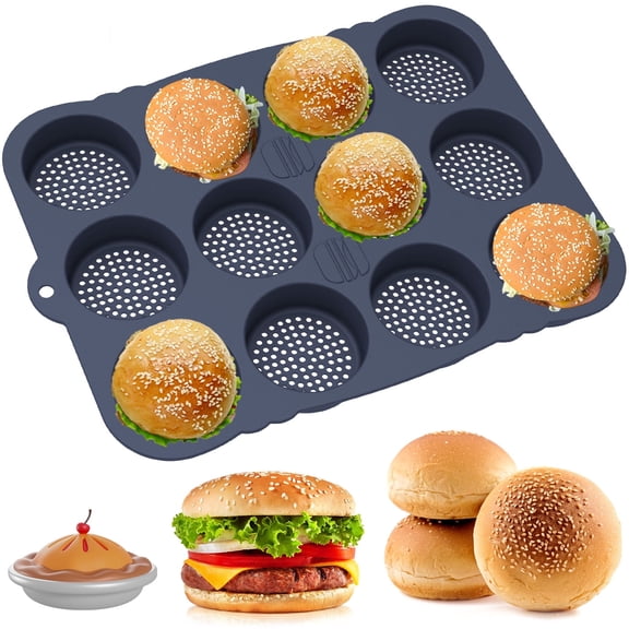 12 Cavity Silicone Hamburger Bun Pan Non Stick Muffin Maker Baking Mold for Homemade Bread Pie Oven Safe Grey