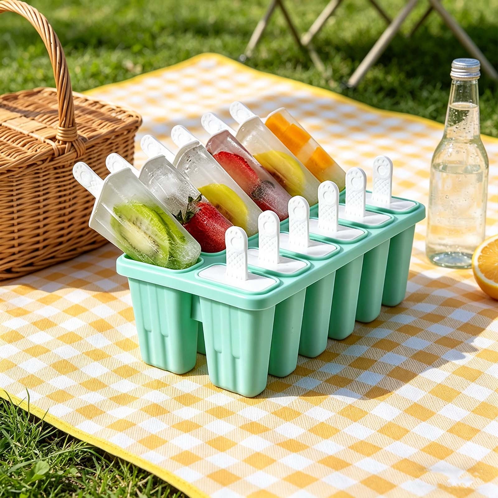 12 Cavity Silicone Popsicle Molds Set with Reusable Sticks Easy Release Food Grade Ice Cream Bar Maker for Homemade Frozen Treats Juice Fruit Dessert Freezer Summer Kitchen Homemade Dessert Mold Set