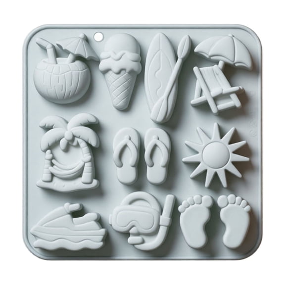 12 Cavity Summer Beach Theme Silicone Mold for Chocolate Resin Candy and Cake Baking Flexible Non Stick Tray for DIY Crafts