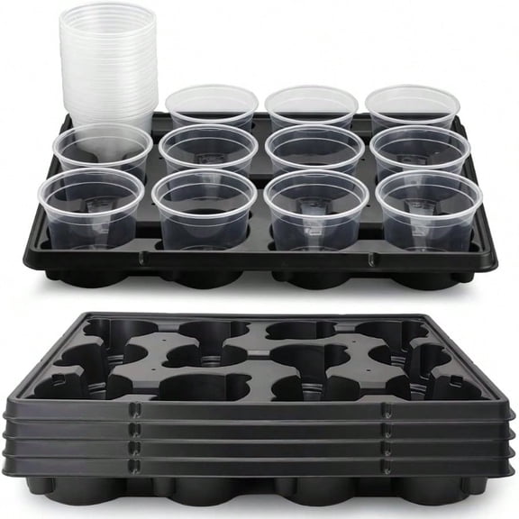 12 Cell Nursery Pot Trays 5 Pack With 4 Inch Clear Plant Pots 60 Pack Thick Sturdy Seeds Starting Germination Shuttle Carrying Trays Black Small Planter Nursery Propagation 5 Sets
