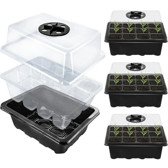 12 Cells Seed Starter Kit with Humidity Dome & Heightened Lids, Seedling Starting Trays GIXUSIL Reusable Mini Greenhouse Germination Kit for Seeds Growing Vegetables (1 Pack, Black)