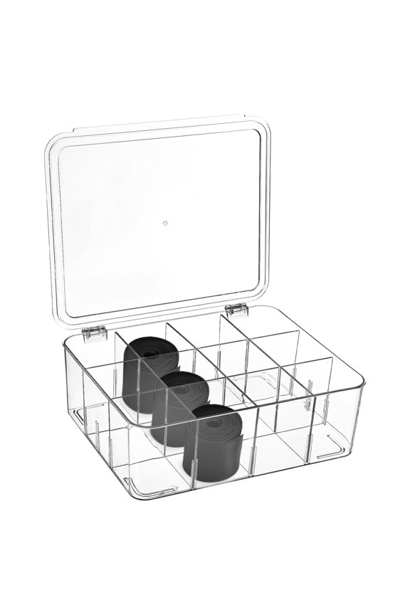 12 Cells Tie Organizer Box, Clear Tie Storage Drawer Organizer, Tie Display Container, Drawer Closet Storage Bin with Lid, Detachable Dividers, Storage Box for Ties Socks Bras Underwear