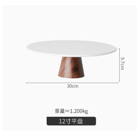 12 in Ceramic Dessert Stand with Sturdy Wooden Base, Thick White Cake Server for Party Table Decor, Elegant Pastry Pedestal for Baking, Appetizer Serving