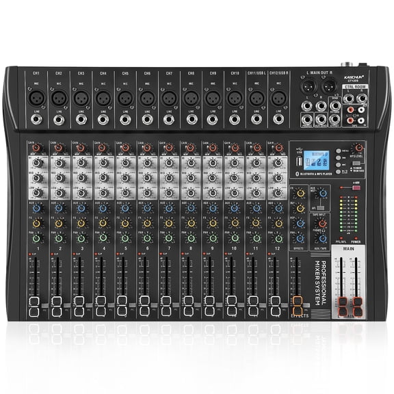 12 Channel Audio Mixer with Bluetooth, Professional DJ Mixer Board with 48V Phantom Power, USB Audio Interface & MP3 Player, Sound Mixing Console for Live Show,Streaming Recording Music Stage Karaoke
