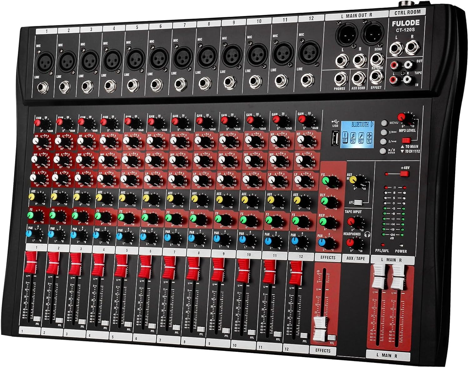 12 Channel Mixer Audio Console, Professional Music Mixer DJ Mixing Board with Reverb Bluetooth MP3 Player 48V Phantom Power Supply USB Recording for Studio Karaoke Live Performance