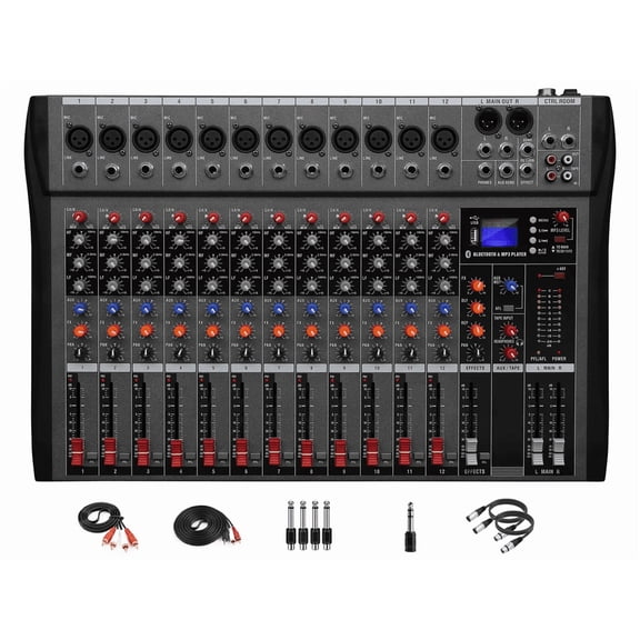 12 Channel Professional Audio Mixer Console with 16 Built-in Digital Effects,Bluetooth,Balanced XLR/TRS Outputs for Professional and Beginners