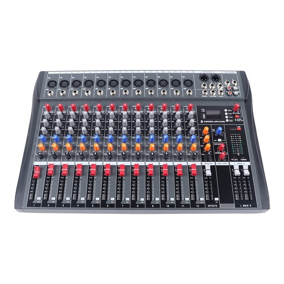 12 Channel Professional Audio Mixing Console with LED Display, 48V Phantom Power USB Stereo Mixer Amplifier with 3-Band EQ for KTV, DJ Live Streaming & Studio Recording