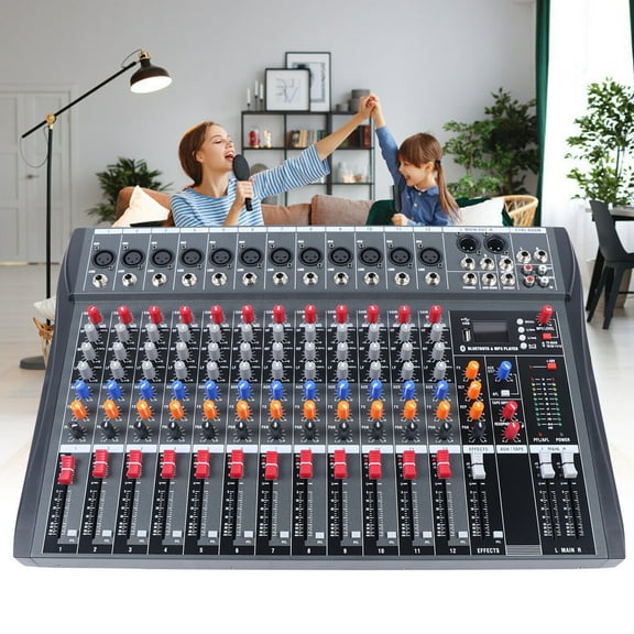 12-Channel Stereo Mixer, Professional BT Audio Mixer for Studio, DJ Sound Mixing Console with USB Interface 110V