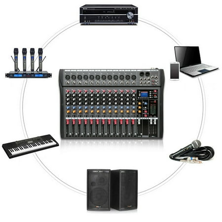 12 Channels Live Audio Mixer with Bluetooth Function, USB Connection DJ Sound Mixing Console Audio Amplifier with 3 Stage Equalization Regulate 6 Music Modes for Family KTV Campus Speech Meeting