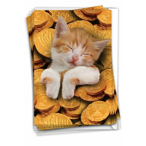 12 Chanukah Greeting Cards (1 Design, 12 Cards) - Cat In Gelt C3487HKG-B12x1