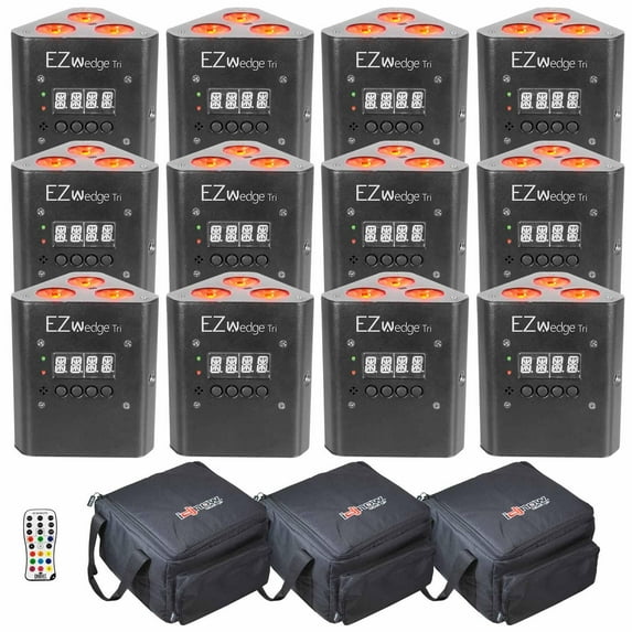 (12) Chauvet DJ EZWedge Tri Rechargeable LED Uplights & Carry Bags Package