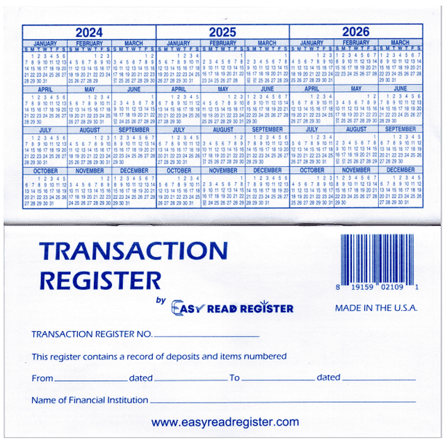 12 Check Registers with 24/25/26 Calendars for Personal Checkbook