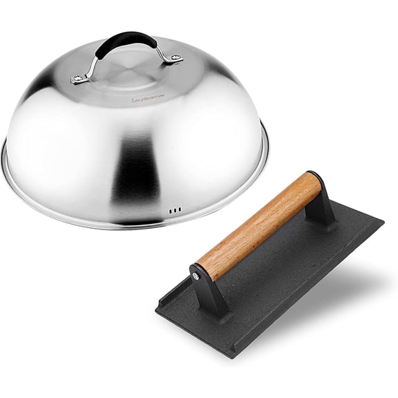 12'' Cheese Melting Dome & 8'' Burger Press, 2pcs Griddle Accessories Set for Flat Top Grill/BBQ Stainless Steel Cover & Bacon Smasher, Indoor Outdoor