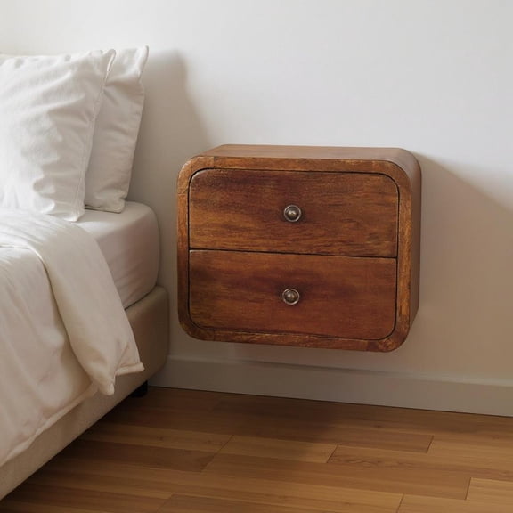 12" Chestnut Solid Wood Two Drawer Floating Nightstand