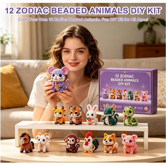 12 Chinese Zodiac 3D Beaded Animal Kit,DIY Beading Craft Set for Beginners,Handmade Figurine Art Kit for Display,Home Decor & Gift Giving Goat