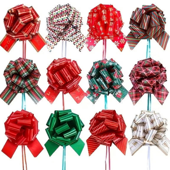 12 Christmas Gift Bow Set - 5-inch Plastic Ribbon Bows in Red, Green, and Gold, Christmas Tree Design, Perfect for Wrapping, Wedding Decorations, and Birthday Gift Decorations.
