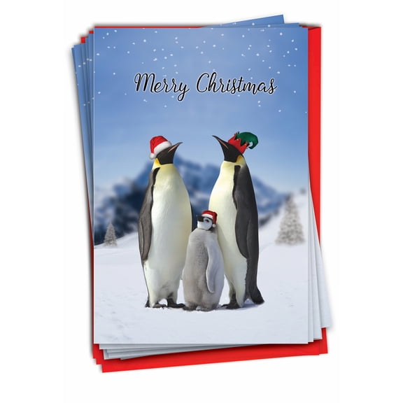 NobleWorks 12 Funny Christmas Cards w/ 5x7 Envelopes, 1x12 Designs, For Men, Women, - Penguins And Greetings C2951AXSG-B12x1