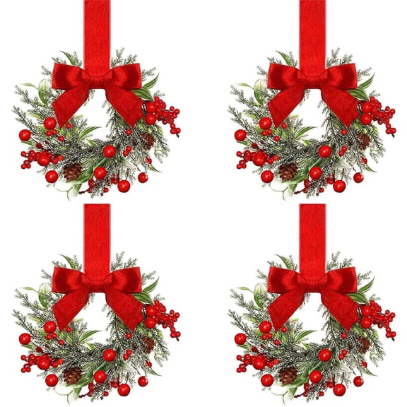 12 Christmas Mini Cabinet Wreaths for Kitchen, Small Window Wreath with Ribbon Bows Red Berry, Snowy Cedar Candle Rings for Window Door Farmhouse Kitchen Cabinet Christmas Decor