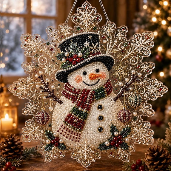 12" Christmas Pearl Diamond Painting Suncatcher Kit, DIY Craft Acrylic Snowflake Shape Board with Lace Edge, 3D Mixed-Size Pearl Beads Craft