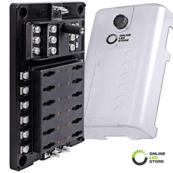 12-Circuit Blade Fuse Block w/Thumbscrew Cover [LED Indicator] [Negative Ground Connection] [Dual Independent Positive Connections] [Stainless Steel Corrosion Protection] ATC/ATO/ATF Max 200A Fuse Box