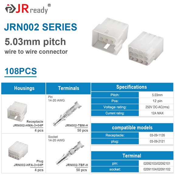 12 Circuit Pin and Socket Connector Set 4 Pairs 50 Contacts 108 PCS 14-20 AWG