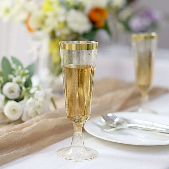 12 Clear 6 Oz Flutes Glittered Plastic Champagne Glasses Gold Trim Party Events