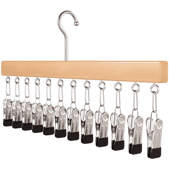 12-Clip Wood & Metal Multi-functional Hanging Clip, Space-Saving Clothes Organizer, 360 Rotating Hanger for Socks, Underwear, Hats, 15 x 1.5 x 8.3 in / 38 x 1.5 x 21 cm