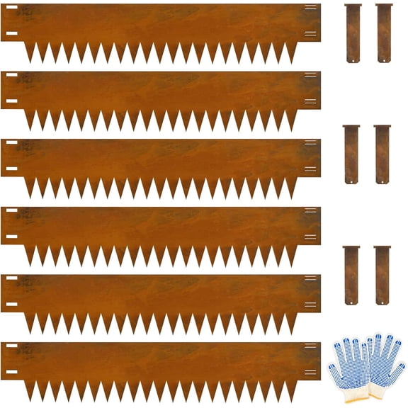 12" Co rten Steel Landscape Edging, Pre-Rusted Metal Garden Edging, Hammer in Landscape Edging with 6 Clips and a Pair of Gloves, Steel Edging for Landscaping Lawn Rusty 6pcs