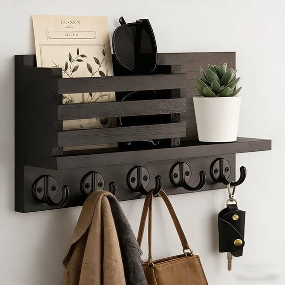 12" Coat Rack Wall Mount with Shelf,Decorative Wooden Mail Holder and Key Shelf with Mounting Hardware,Entryway Wall Mounted Shelf with Mail Holder for Living Room, Bedroom, Wood