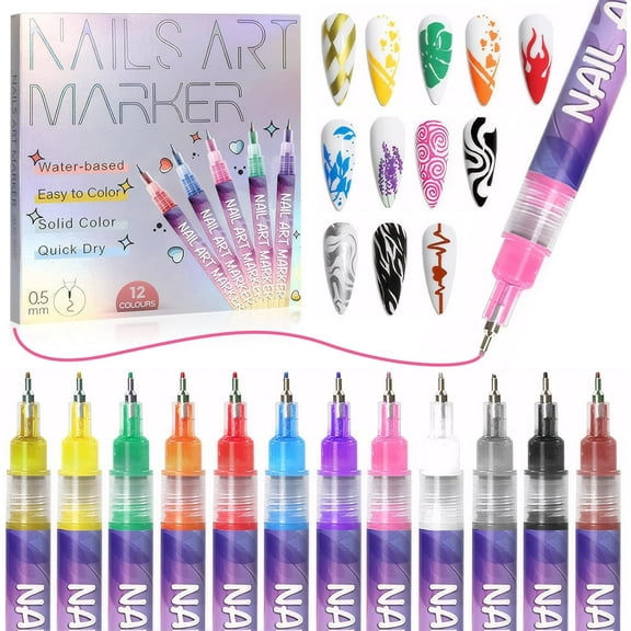 12 Color 3D Nail Art Pens Set, Nail Polish Pens Quick Dry Acrylic Nail Art Painting Pen Nail Point Graffiti Dotting Pen for Nails Art Design, Nail Art Kit for Design Beauty