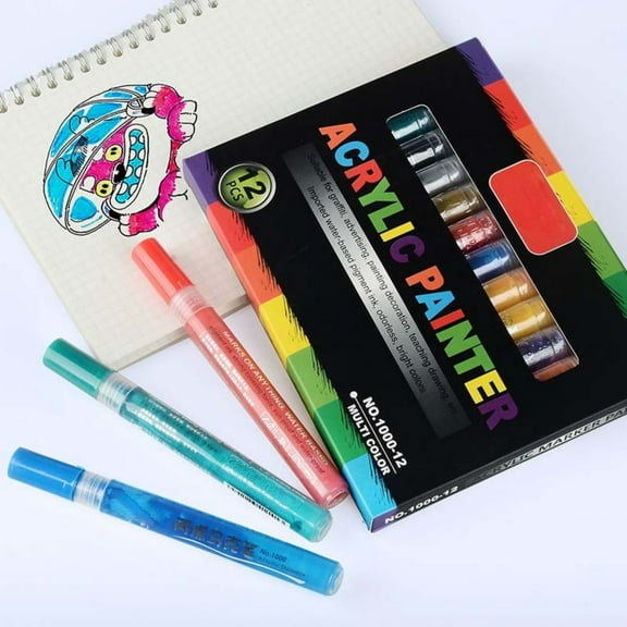 12-Color Acrylic Paint Markers - Washable Water-Based Pens for Ceramic, Stone, Wood & Canvas, Ideal for Art & DIY Crafts