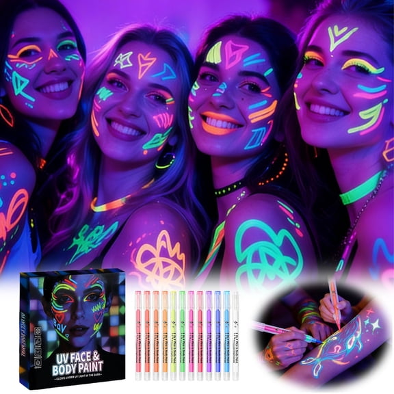 12-Color Glow in The Dark Face Paint UV Neon Gel Pen Set, Blacklight Reactive Face & Body Art Pens, High-Gloss Fluorescent Pens for Glow Party Decoration (2ml Each)